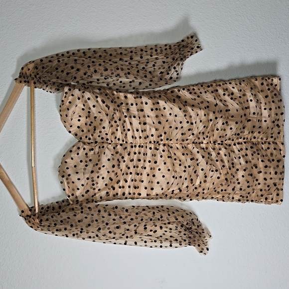 MAJORELLE Tan And Black Polka Dots Ruched Bodycon Mini Off The Shoulder Dress S - Picture 3 of 10
